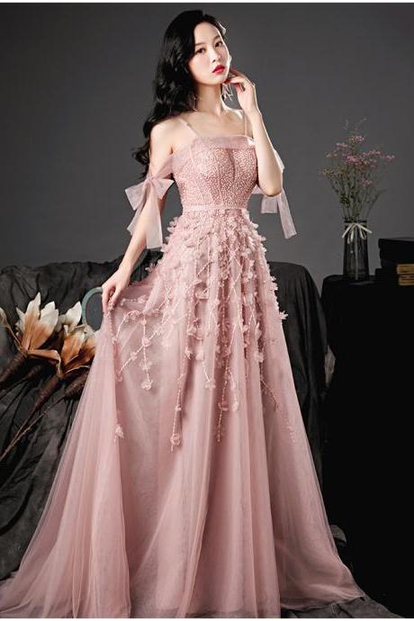 Pink Flowers Beaded Tulle Style Prom Dress, Pink Tulle Formal Dress Evening Dress