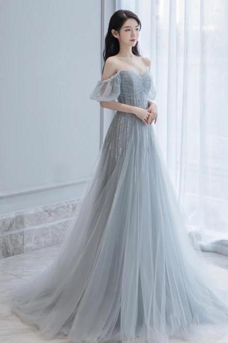 Light Grey Tulle Sweetheart Off Shoulder Long Party Dress, A-line Tulle Evening Dress Prom Dress