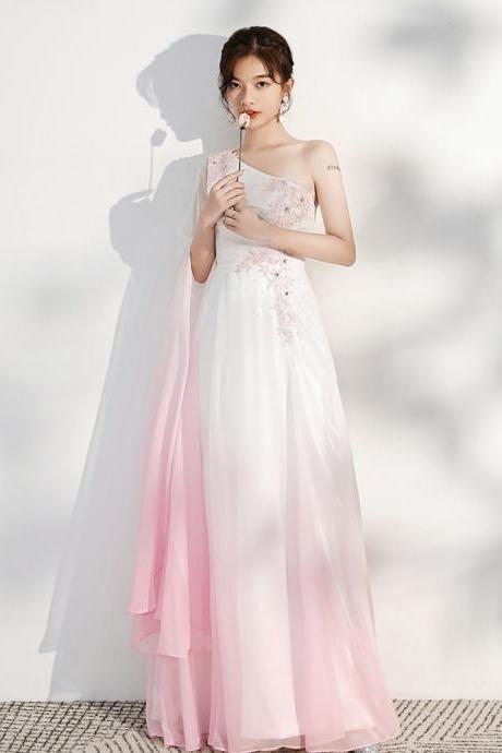 Lovely Pink Gradient Chiffon One Shoulder Party Dress With Lace, Light Pink Prom Dress