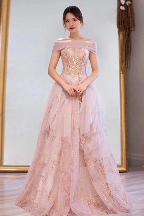Pink Long Soft Tulle Off Shoulder Elegant Evening Gown, Pink Long Formal Dress Prom Dress