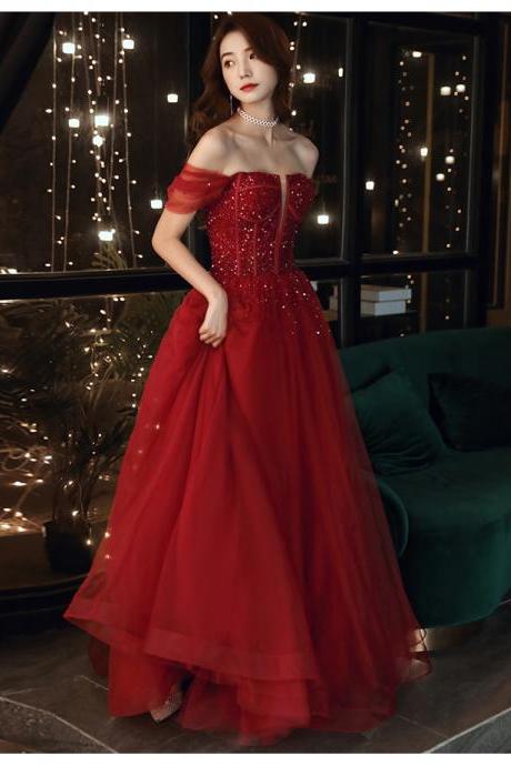 Beautiful Wine Red Sequins Off Shoulder Long Prom Dress, A-line Red Shiny Evening Dresses