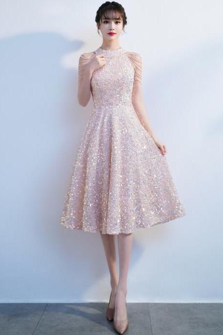 Lovely Pink Sequins Short Bridesmaid Dress, Sequins Round Neckline Short Prom Dress