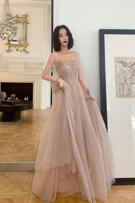 Light Champagne Tulle Sequins Long Formal Dress, Tulle A-line Floor Length Evening Dress Prom Dress