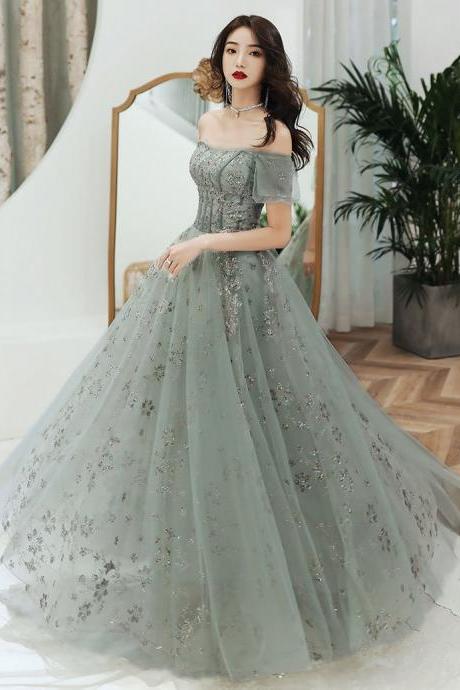 Green Off Shoulder Lace Sweetheart Party Dress, A-line Long Formal Gown