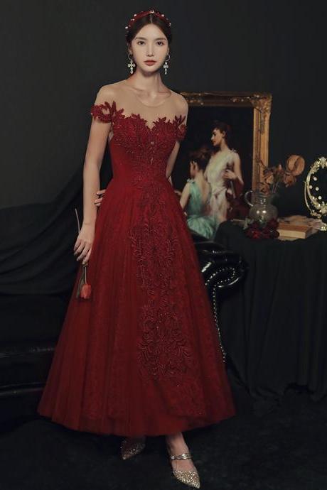 Wine Red Lace Tea Length Round Neckline Wedding Party Dress, Dark Red Lace Prom Dress