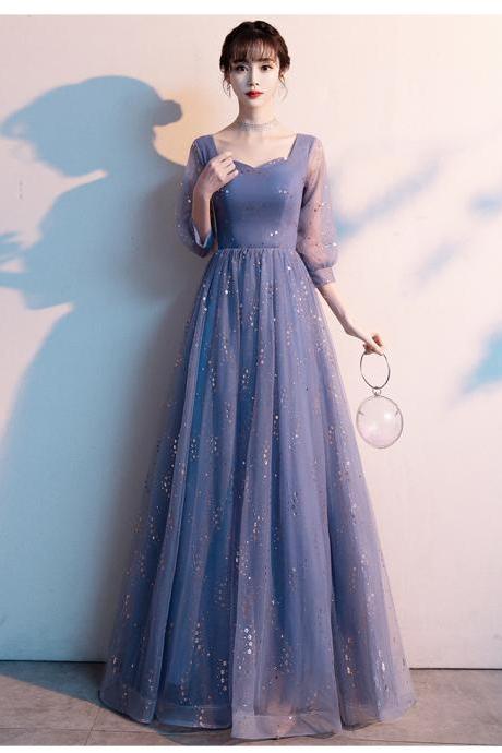 Blue-grey Tulle Cap Sleeves Shiny Tulle Long Formal Dress, Blue Evening Gown Party Dress