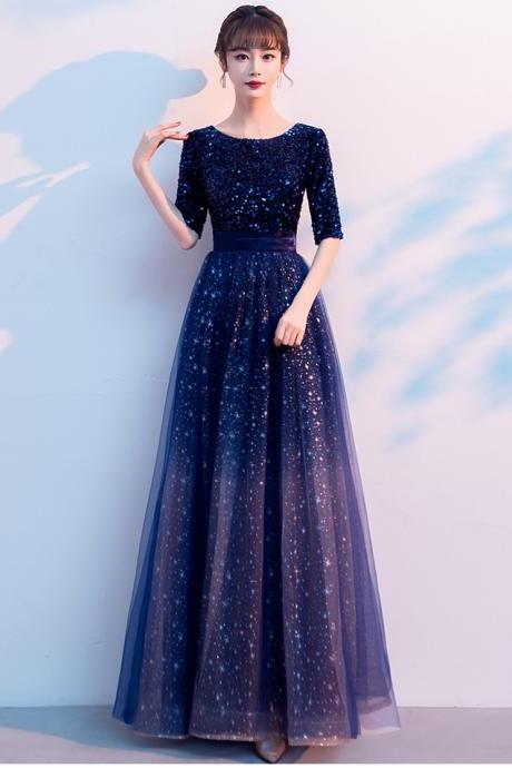 Navy Blue Sequins And Tulle Short Sleeves Bridesmaid Dress, Blue Long Party Dress Evening Dress