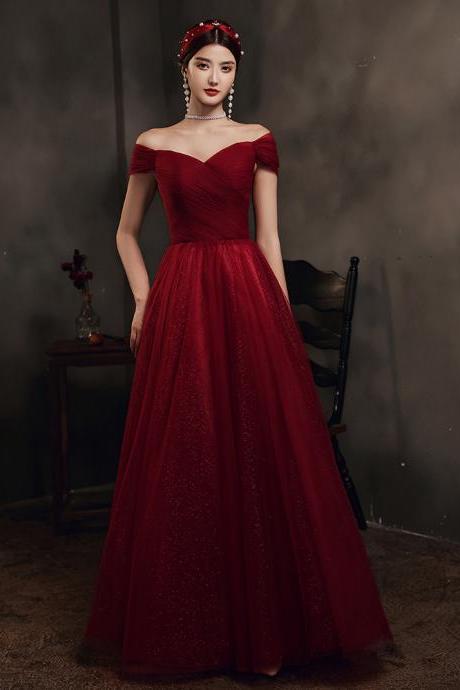 Wine Red Elegant Sweetheart Tulle Floor Length Party Dress, Dark Red Long Formal Gown 2021
