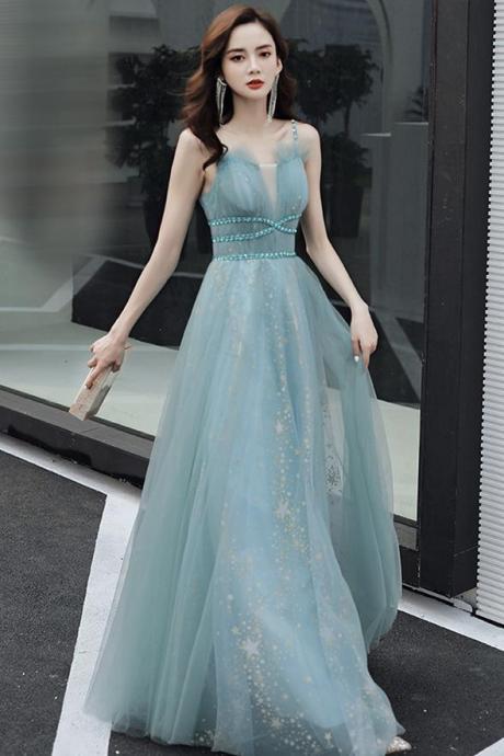 Blue Tulle Straps Beaded Long Formal Gown, A-line Simple Style Prom Dress