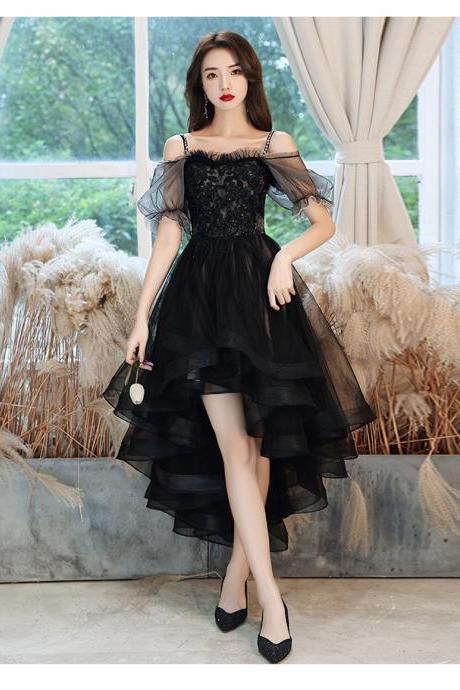 Black Tulle Short Sleeves High Low Party Dress, Tulle Black Formal Dress Prom Dress