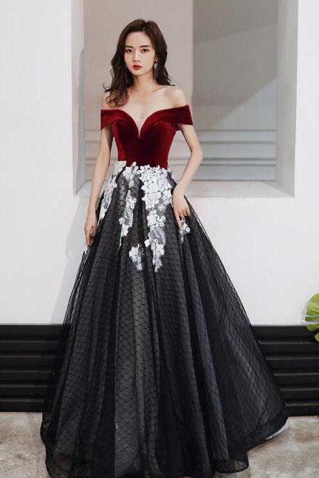 Charming Red And Black Velvet Top Sweetheart Prom Dress, A-line Long Evening Dress Formal Dress