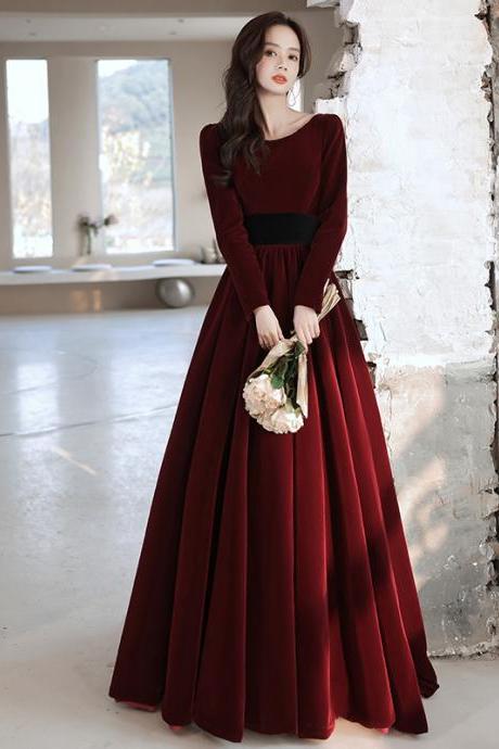 Elegant Wine Red Velvet Long Sleeves Formal Dress, Long Dark Red Wedding Party Dress