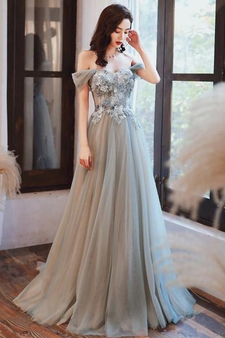Simple Sweetheart Lace Top Off Shoulder Tulle Party Dress, Style Long Prom Dress