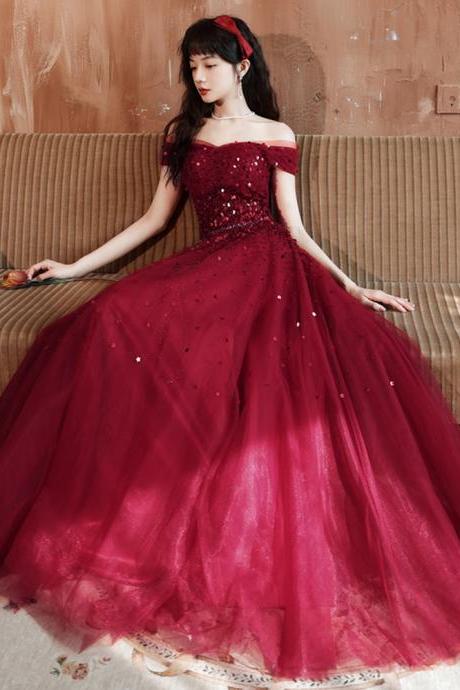 Wine Red Sequins Shiny Tulle Off Shoulder Princess Evening Gown, Wine Red Prom Dress Party Dress