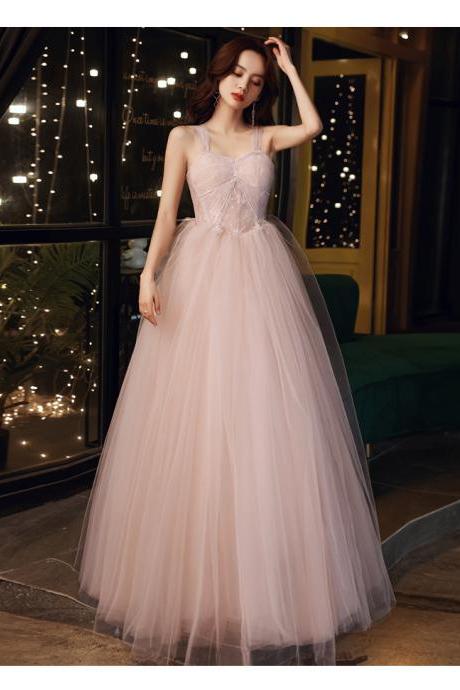 Light Pink Straps Tulle Floor Length Party Dress, A-line Long Formal Dress Evening Dress