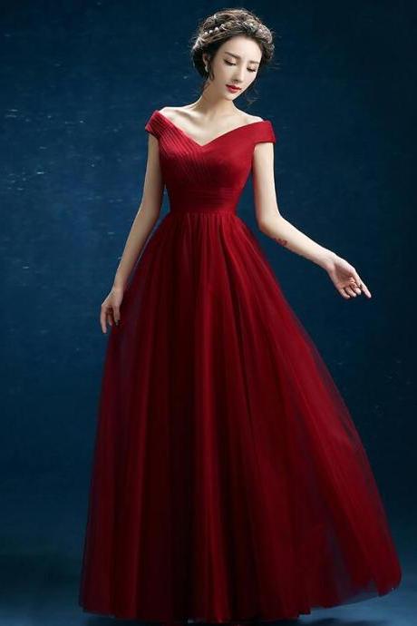Wine Red Off Shoulder A-line Bridesmaid Dress, Long Tulle Off Shoulder Prom Dress