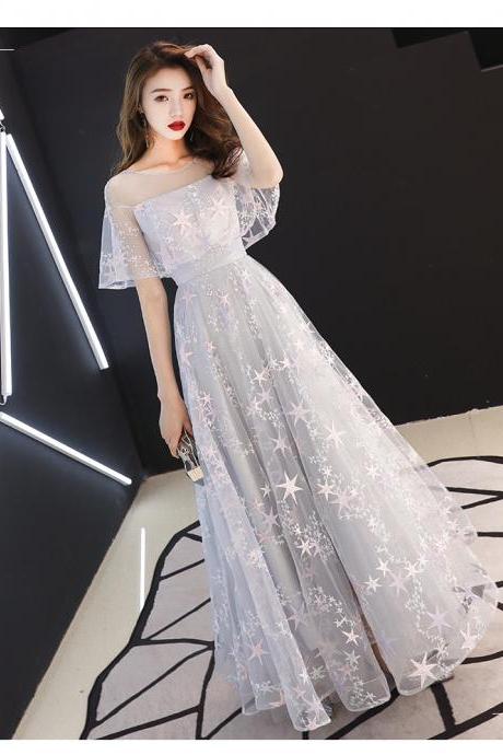 Light Grey Stars Long Tulle Simple Bridesmaid Dress, A-line Tulle Prom Dress Evening Dress