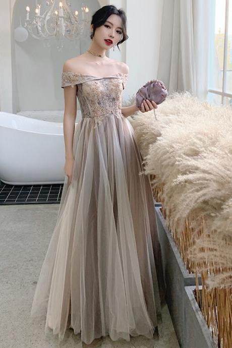 Light Champagne Sweetheart Lace Long Tulle Prom Dress, A-line Formal Gown Evening Dress