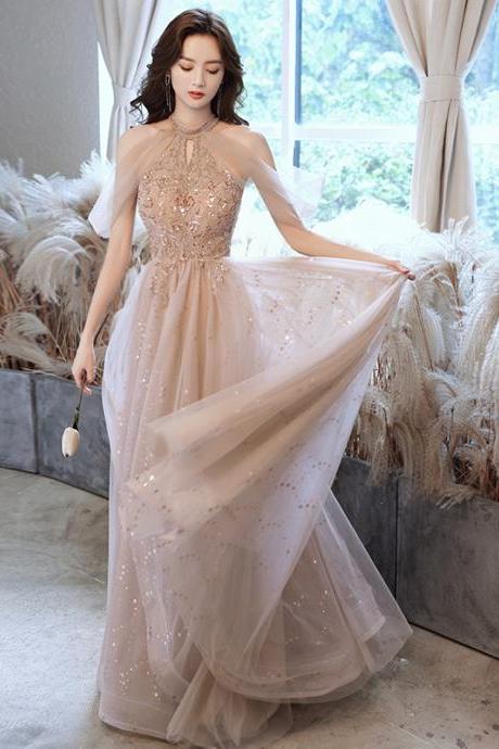 Light Champagne Halter Lace And Tulle Long Formal Dress, A-line Tulle Prom Dress Party Dress