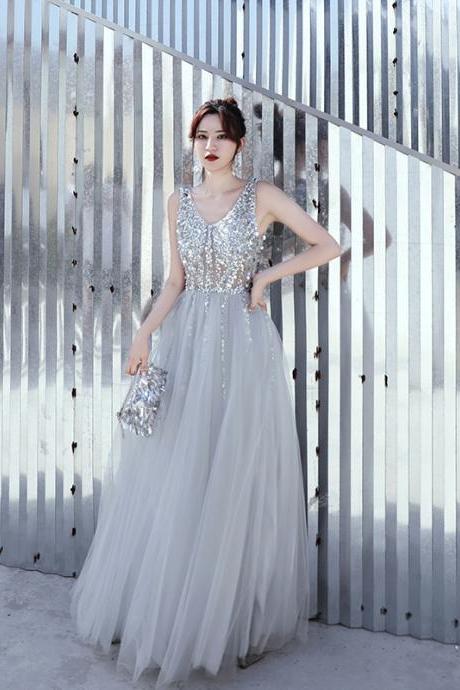 Beautiful Sliver Beaded V-neckline Tulle Long Party Dress, Tulle Floor Length Party Dress Prom Dress