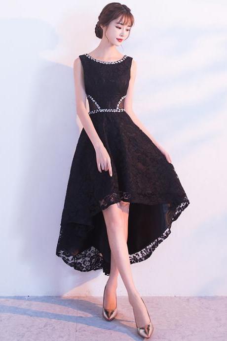 Lovely Black Lace High Low Beaded Short Party Dress, Black Homecoming Dress Formal Dress
