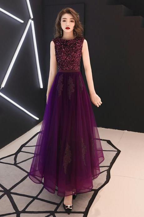 Dark Red Sequins Tulle Long Party Dress, A-line Tulle Purple Formal Dress Evening Dress