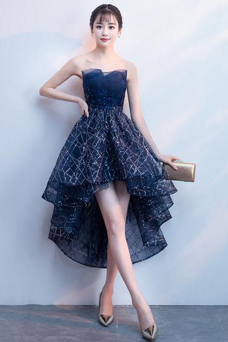 Navy Blue High Low Party Dress With Flowers Lace, Blue Prom Dress Homecoming Dress