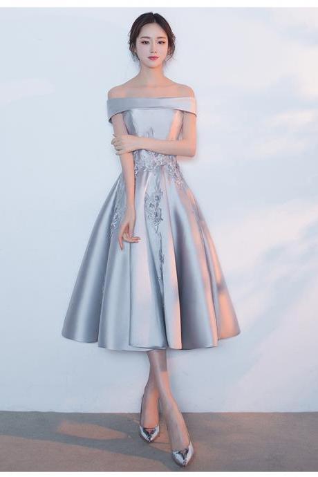 Sliver Grey Satin Tea Length Round Neckline Party Dress, Short Bridesmaid Dress Prom Dress