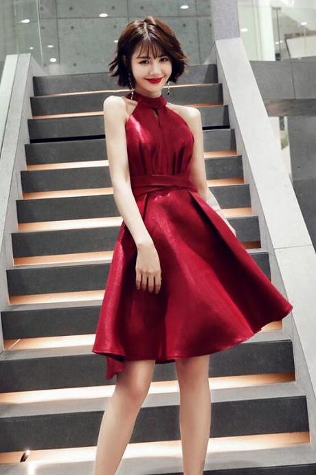 Dark Red Halter Short Satin Homecoming Dress, Wine Red Short Prom Dress With Bow