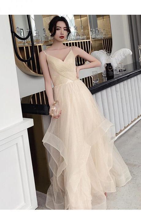 Light Champagne V-neckline Straps Long Tulle Evening Dress, A-line Layers Tulle Formal Dress Party Dress