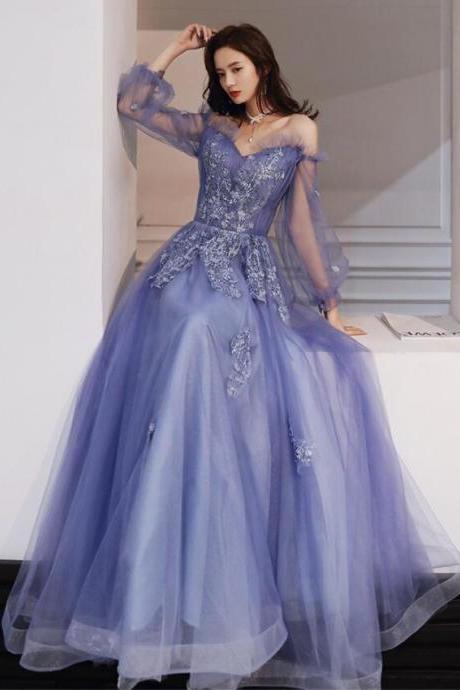 Blue Purple Tulle Long Sleeves Lace Applique Formal Gown, Blue-purple Evening Dress Prom Dress