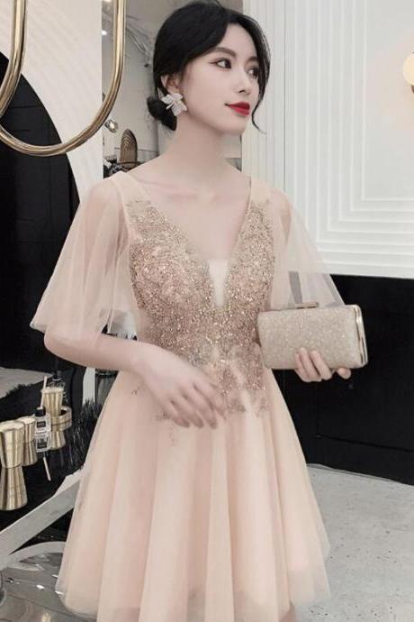 Light Champagne Tulle Short Lace Applique Party Dress With Short Sleeves, Tulle Homecoming Dress
