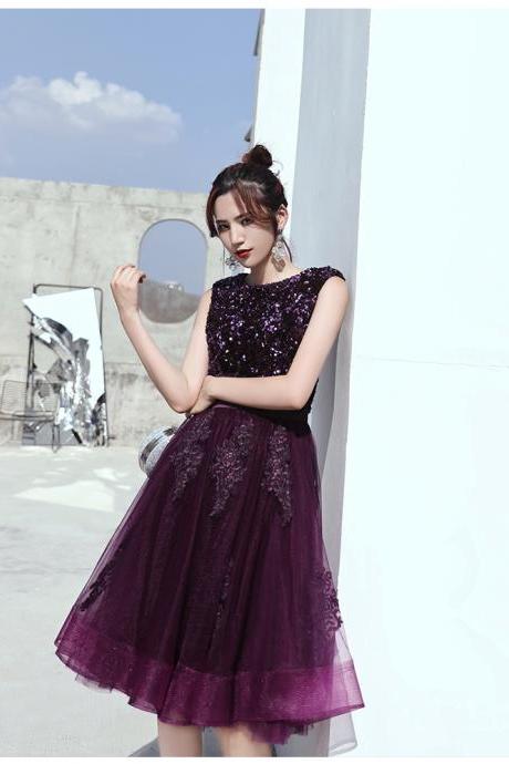 Dark Purple Tulle And Sequins Short Homecoming Dress With Lace, Lovely Short Party Dress