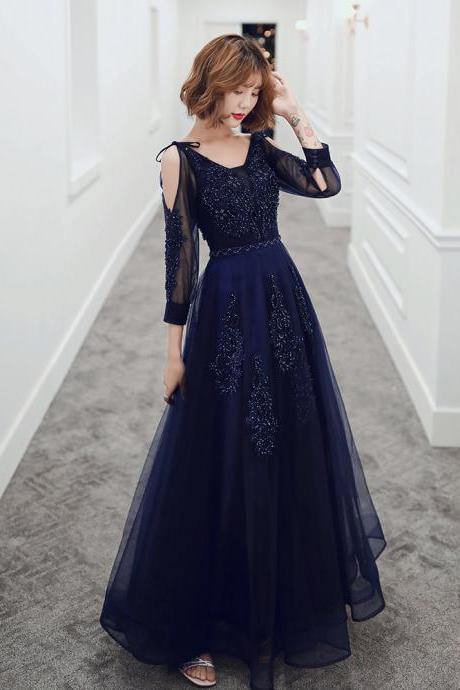 Navy Blue Tule Long Sleeves Straps Lace And Beaded Prom Dress, Blue Formal Gown