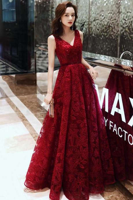 Dark Red Lace V-neckline Floor Length Evening Gown, Wine Red Long Party Dress