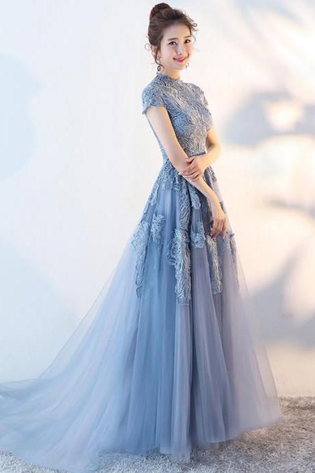 Blue Lace High Neckline Tulle Long Party Dress, Beautiful A-line Lace Prom Dress