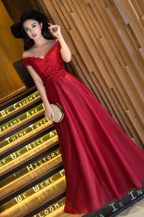 Red Off Shoulder Lace Top And Satin Long Party Dress 2021, Sweetheart A-line Formal Dress