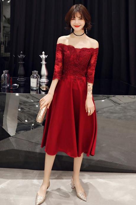 Cute Dark Red Off Shoulder Lace Wedding Party Dress, Wine Red Homecoming Dress