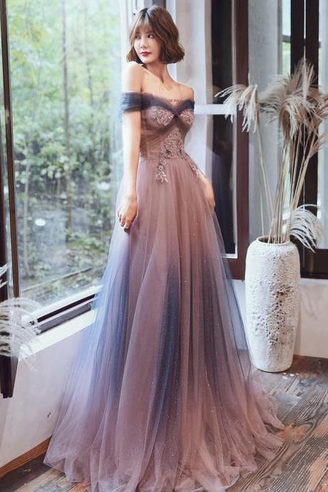 Charming Gradient Tulle Flowers Floor Length Party Dress. A-line Evening Prom Dress
