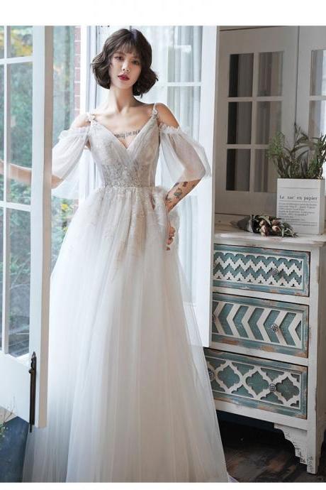 White Tulle Straps V-neckline Long Formal Dress Evening Dress, A-line Prom Dress
