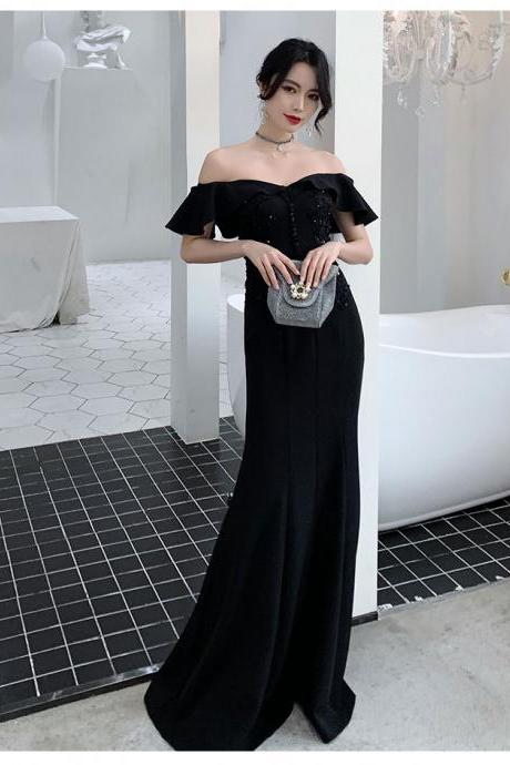 Black Mermaid Spandex Long Off Shoulder Prom Dress, Black Formal Dress Evening Dress