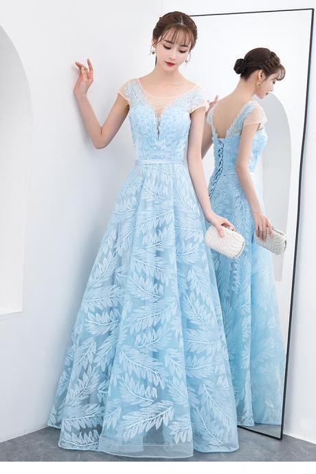 Light Blue Unique Lace Round Neckline Lace-up Prom Dress, Blue Long Formal Dress