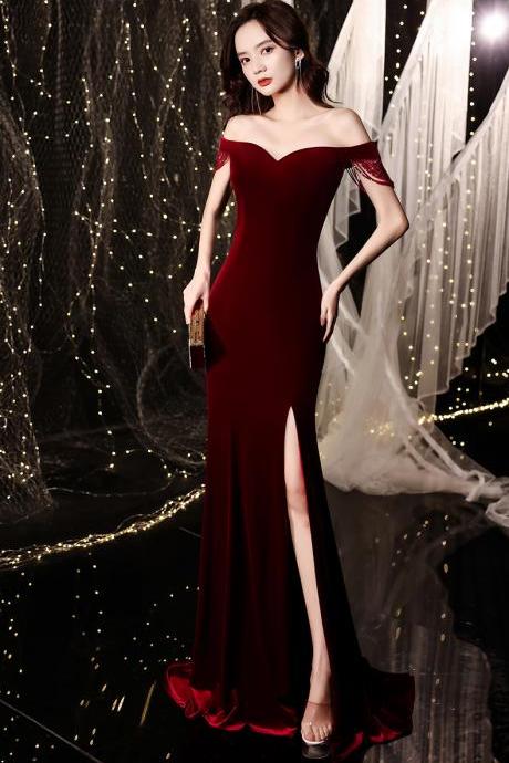 Wine Red Velvet Mermaid Slit Off Shoulder Prom Dress, Burgundy Evening Dress Party Dress