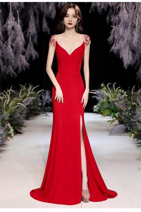 Glam Red Beaded Slit Long Party Dress With Beadings, Long Red Evening Dress