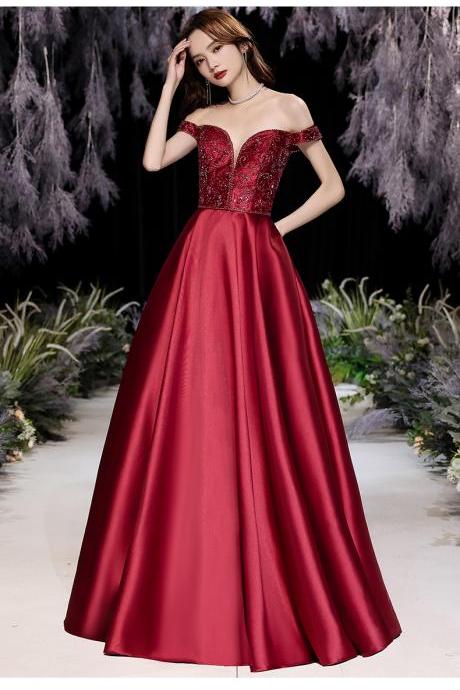 Dark Red Satin Beaded Off Shoulder Prom Dress 2021, Red Formal Gown Evening Dress