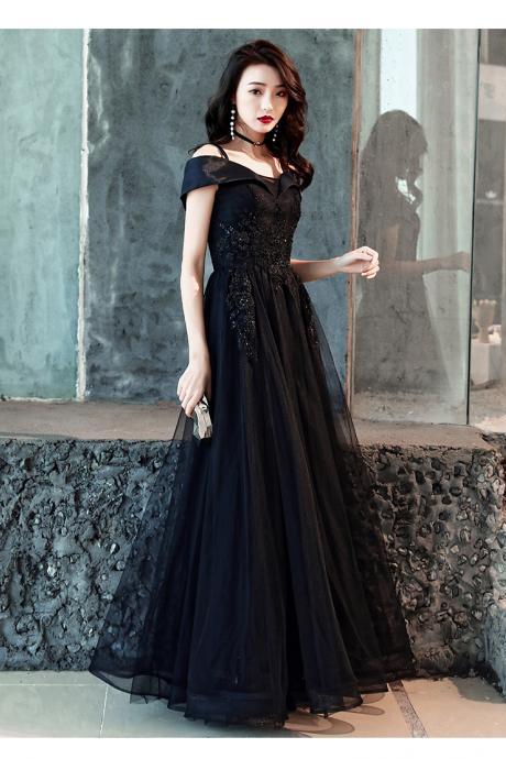 Black Off Shoulder Lace Applique Tulle Long Prom Dress, A-line Black Long Party Dress