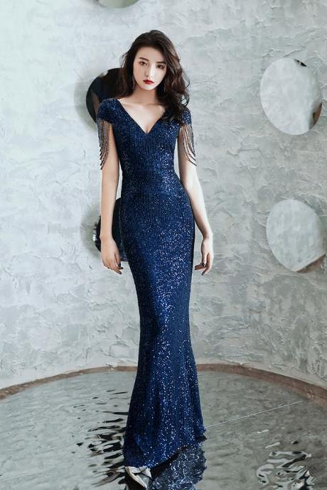 Navy Blue Sequins Mermaid Long Prom Dress, V-neckline Sequins Evening Gown