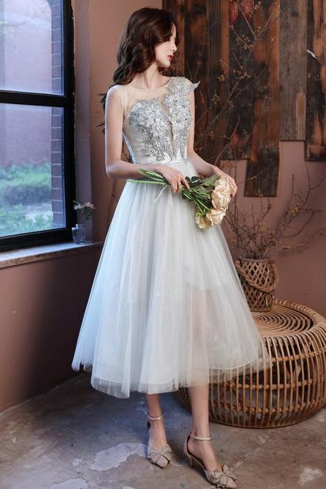 Sliver Grey Tulle Tea Length Bridesmaid Dress, Light Grey Prom Dress Party Dress