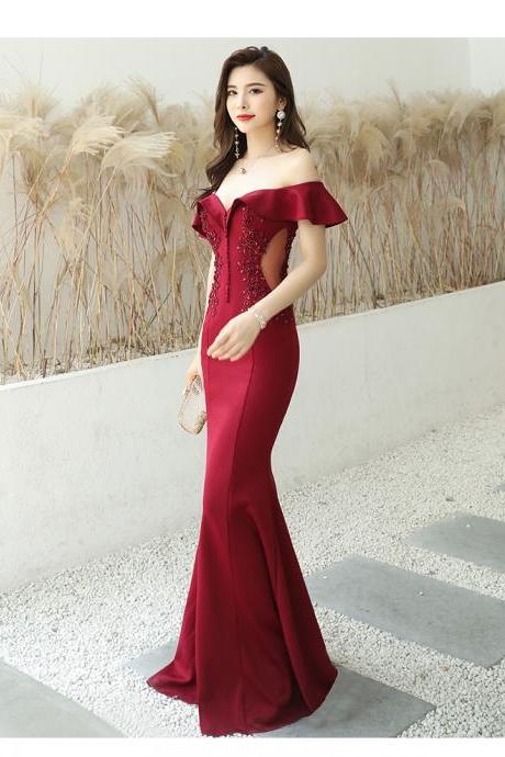 Beautiful Wine Red Mermaid Long Evening Dress 2021, Off Shoulder Mermaid Prom Dress