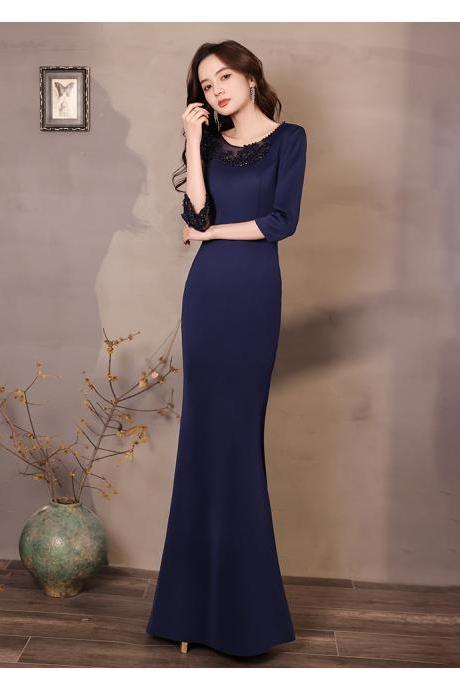 Navy Blue Mermaid Short Sleeves Long Party Dress 2021 With Lace, Blue Prom Dress Evening Dress
